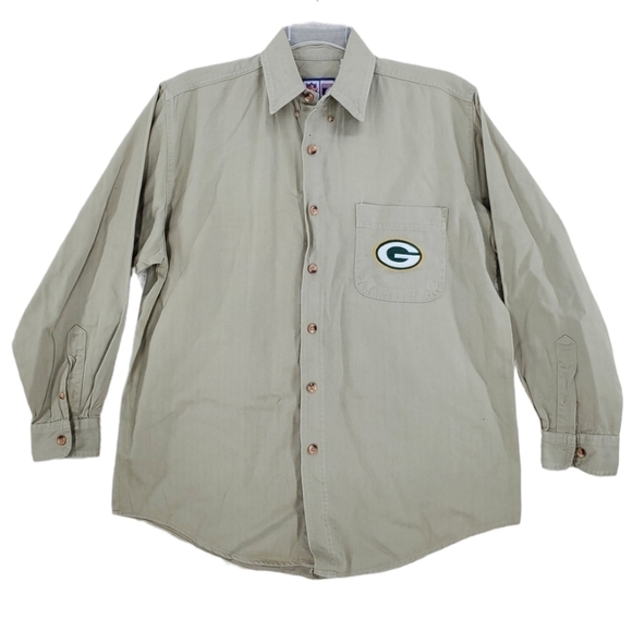 Vtg Logo 7 Packers Shirt Men M LS Button Down Khaki Beige Game Day Green Bay Y2K - Picture 1 of 16